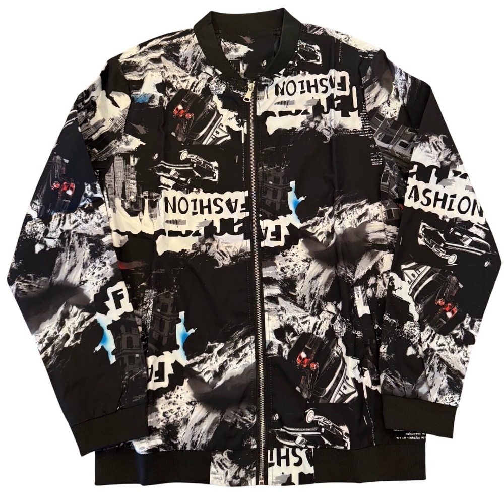 Mens Urban Graphic Print Bomber Jacket Black White Streetwear XL